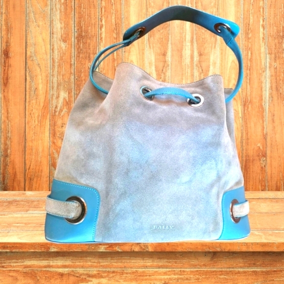 Bally Darlina Suede & Leather Bucket Bag Blue Made in Italy